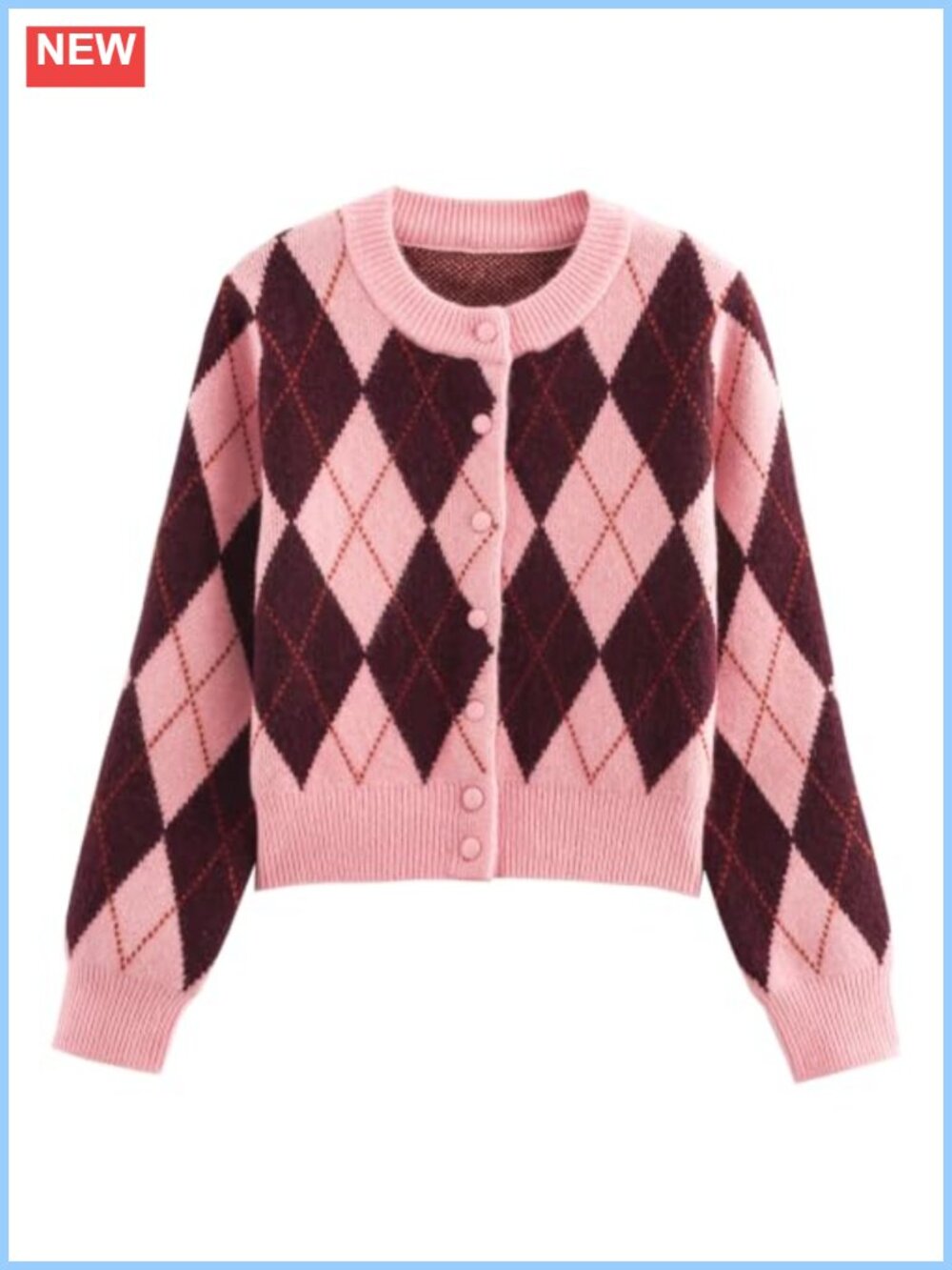 Womens Argyle Knit Cardigan Button Down Crew Neck Long Sleeve Cropped Sweater